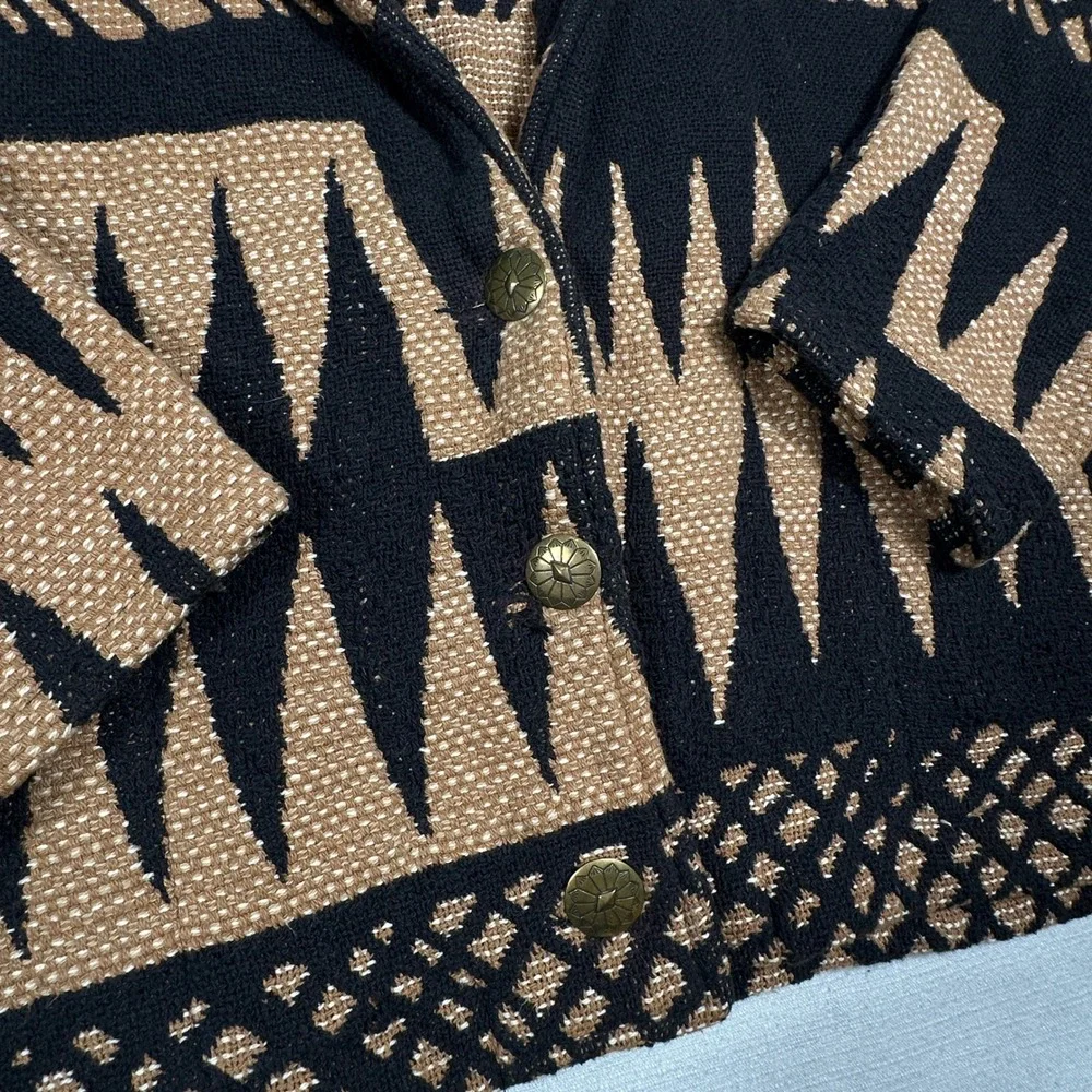 Vintage Painted Pony Southwestern Tapestry Knit Sweater Jacket Brown Black L